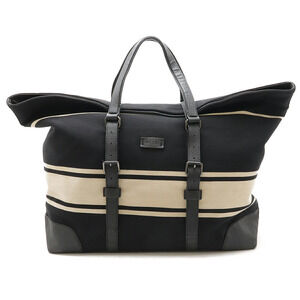 Gucci Duffle Bag Boston Travel Striped Wool Canvas Leather Black Beige Cream